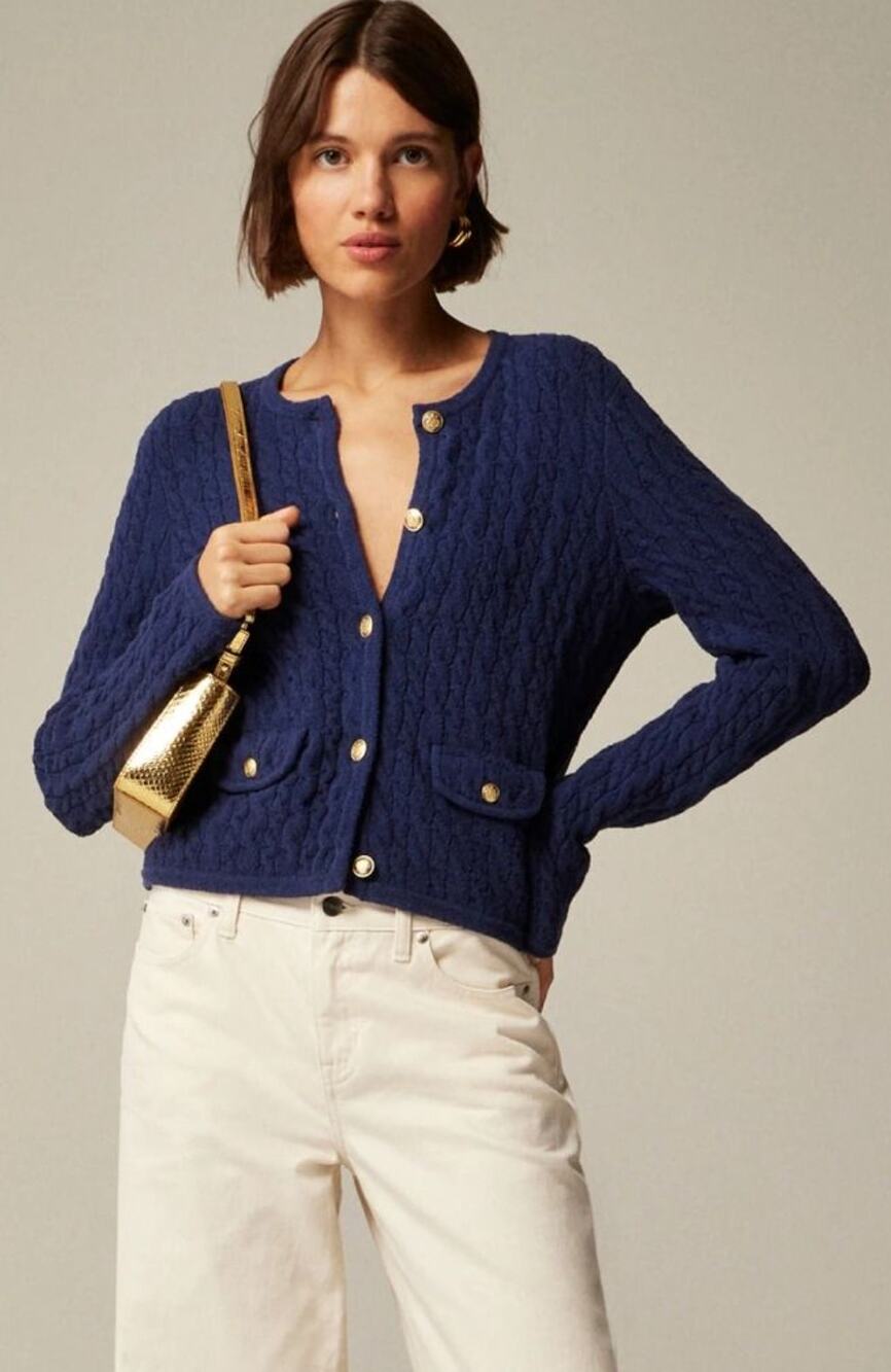 J.Crew Odette Cable Knit Sweater Lady Jacket Cotton Blend Boucle Blue XL NWT
